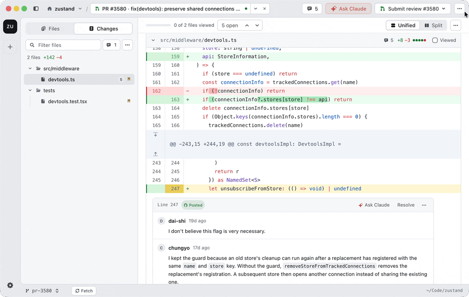 Drafting a review comment on a pull request next to synced GitHub threads and approving it