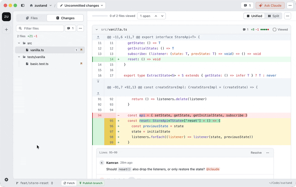Searching commits in the ref picker and opening one